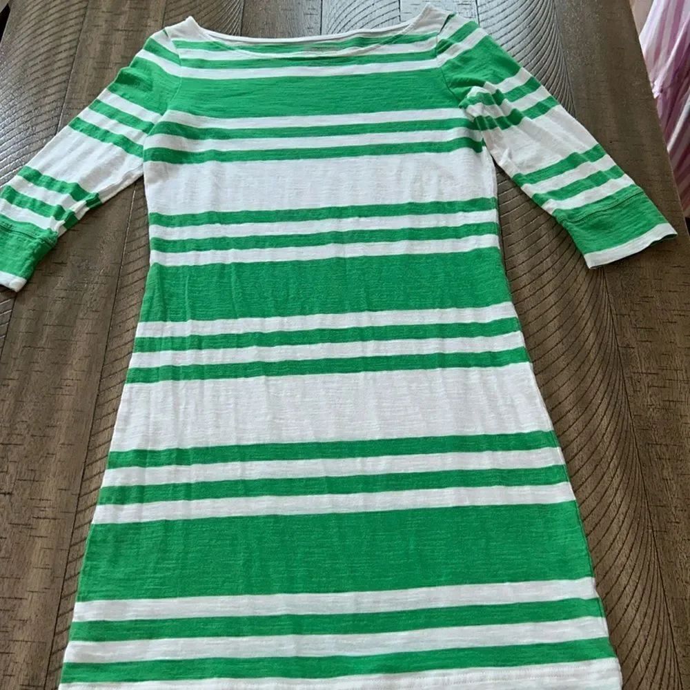 Lilly Pulitzer Green&Shell🐚WhiteStripe Cabana 🏖️Dress👗💯Cotton Boat🛥️Neck